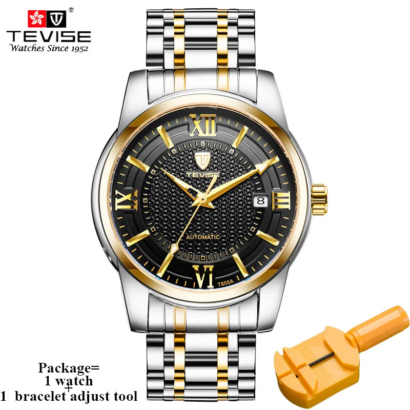 silver gold black TEVISE Роскошные деловые часы для мужчин Автоматическая Дата нержавеющая сталь Автоматические механические с автоматическим подзаводом наручные часы T805A с инструментом - Цвет: silver gold black