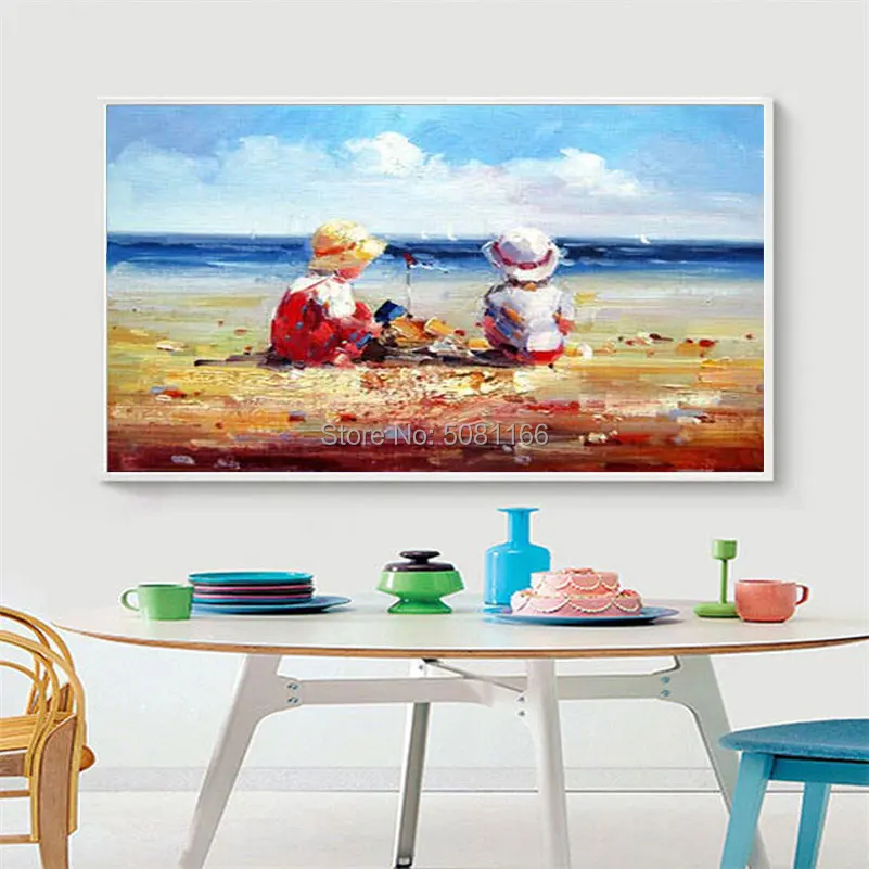 hand painted European style oil painting kids on beach canvas wall picture sea view pictures for living room | Дом и сад