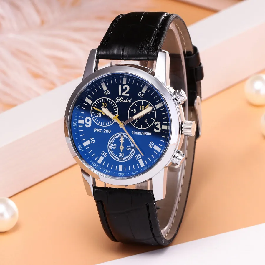 Фото Модные Мужские Аналоговые кварцевые часы с кожаным ремешком мужские наручные Blue