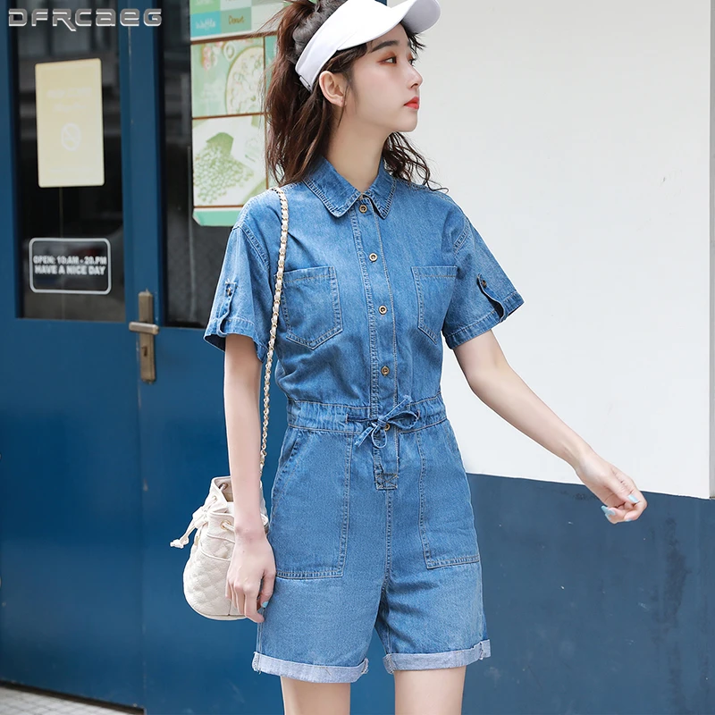 Женский джинсовый комбинезон на завязках Синий Свободный с широкими штанинами и