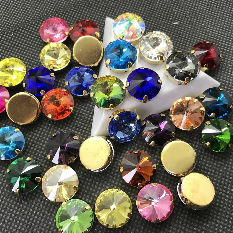 TopStone Round Rivoli Sew On Rhinestones With Gold Claw Setting 8 10 12 14 16 mm Sewing glass crystal stones for clothing | Дом и сад