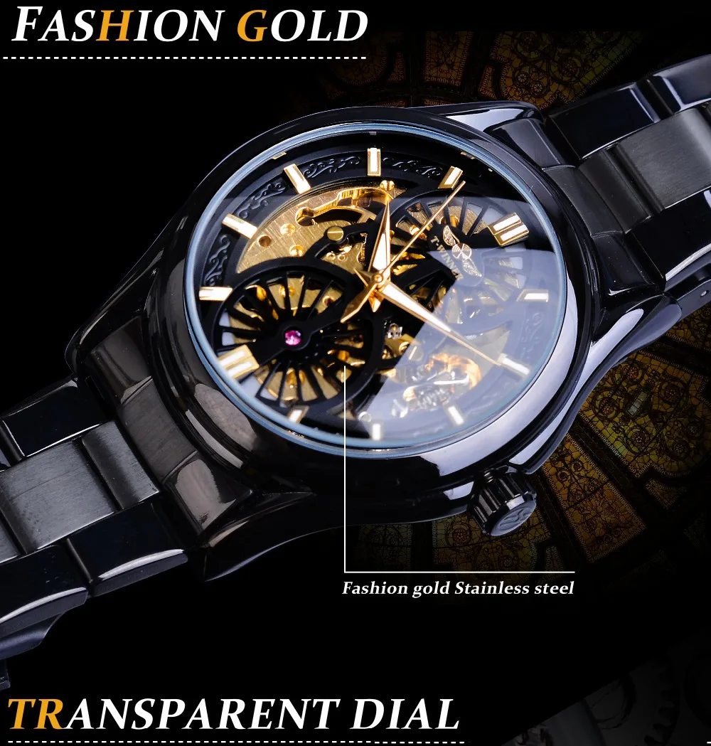 Часы-Скелетон Winner, новинка, спортивные механические часы Montre Homme, черные часы со стальным ремешком, мужские деловые автоматические часы