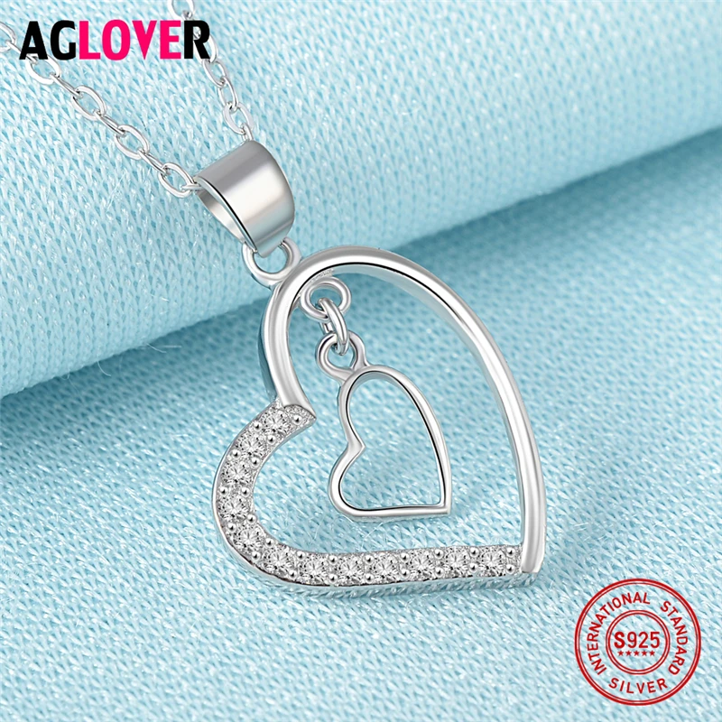 Женское ожерелье из серебра 100% пробы с кулоном в виде двух сердец|jewelry necklace|jewelry