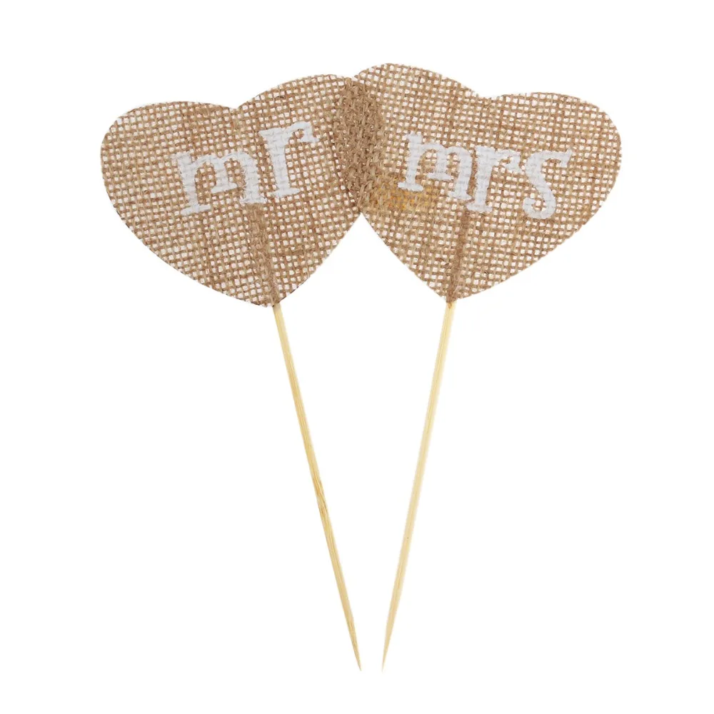 

2Pcs/set MR MRS Flower Cake Topper Natural Jute Burlap Hessian Vintage Wedding Decoration Rustic Classic for Wedding Decoration