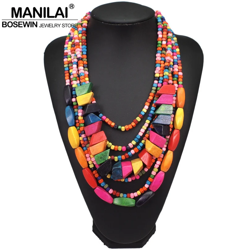 

MANILAI Bohemian Multilayer Wood Bead Choker Necklaces For Women Handmade Beaded Statement Necklace Jewelry 8 Colors