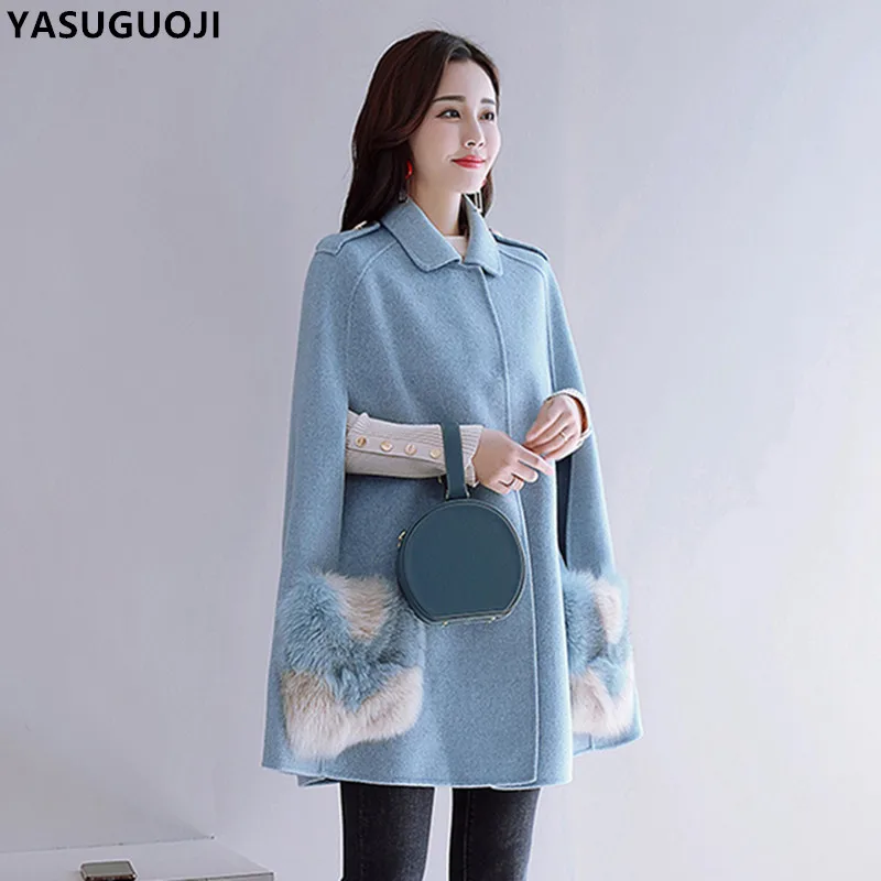 Женская накидка с меховыми карманами YASUGUOJI шерстяная куртка отложным воротником
