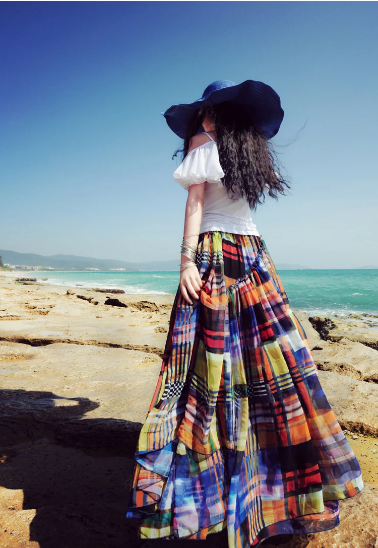 Women Trip Skirt 2018 Summer High Waist Colorful Chiffon Girl Floor Length Beautiful Beach Skirts | Женская одежда