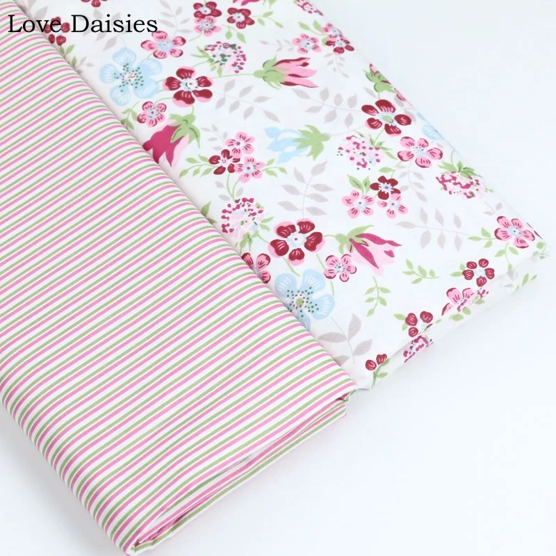 100% хлопок Twill Ткань Розовый Фуксия Синий маленькие цветы полоса ткань для DIY