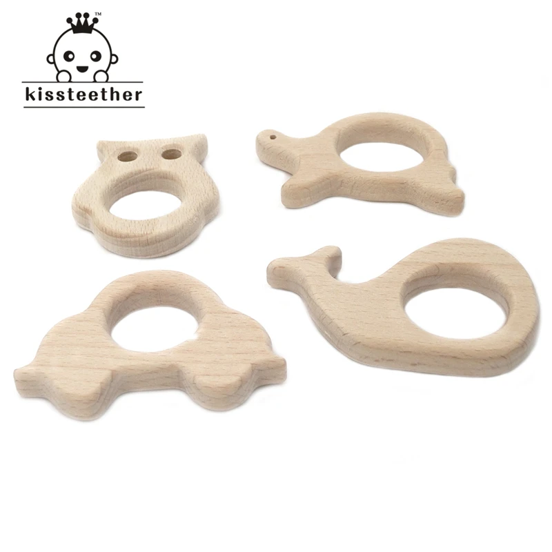 DIY Baby Teether Toys Organic Natural Beech Wooden Owl-Whale-Car-Tortoise Hand Cut Grasping Toys Baby Wooden Teether Gift