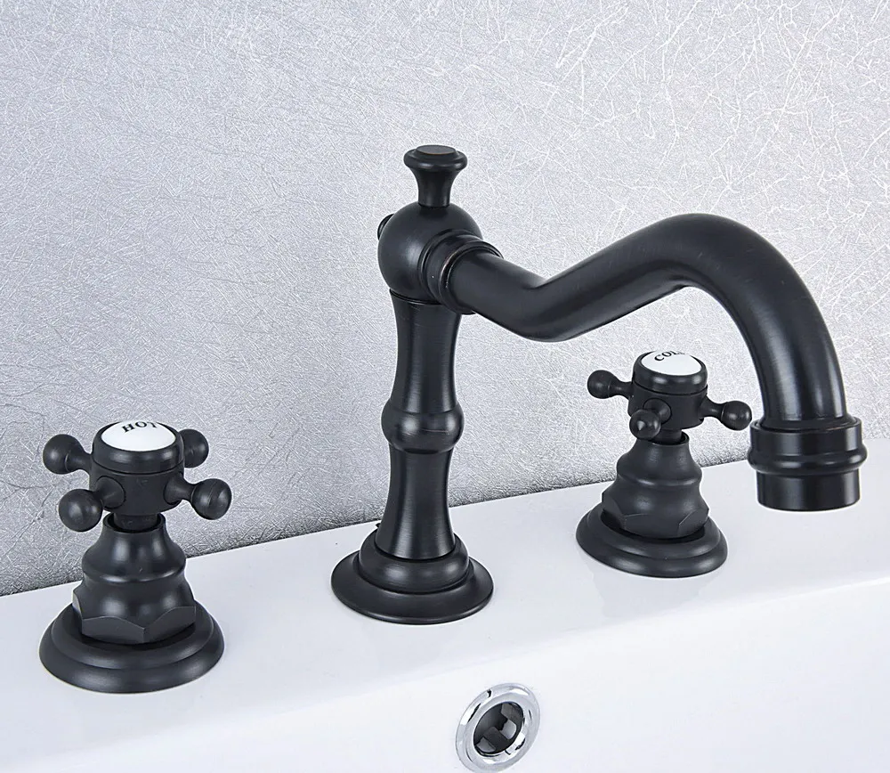 

Black Oil Rubbed Brass Deck Mounted Dual Cross Handles Widespread Bathroom 3 Holes Basin Sink Faucet Mixer Taps msf541