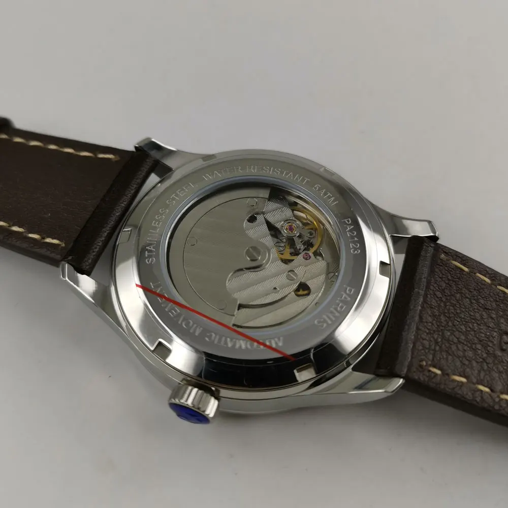 Новое поступление Parnis42mm автоматические мужские часы светящаяся Дата 5ATM ST1731