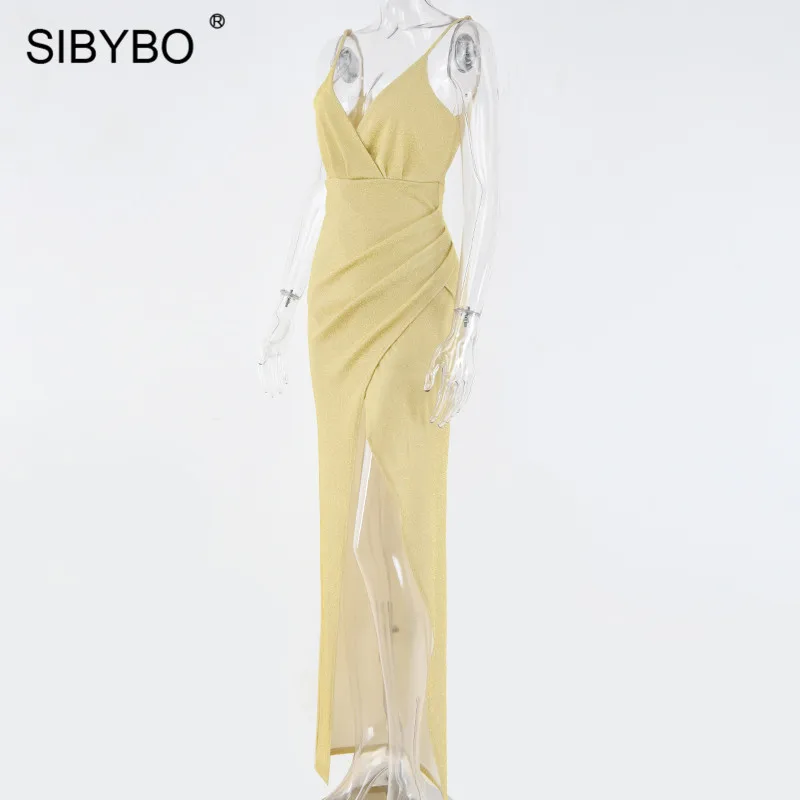 Sibybo, блестящее, с разрезом, свободное, летнее, длинное платье, для женщин, на тонких бретелях, без рукавов, сексуальное, макси платье, с открытой спиной, Пляжное, вечернее, длинное