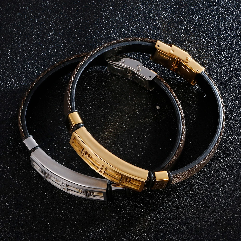 Adjustable Leather Wrap Bracelet Men Stainless Steel Heartbeat ECG Heart Rate Map Mens Bracelets Friendship Wrist Band Jewelry | Украшения