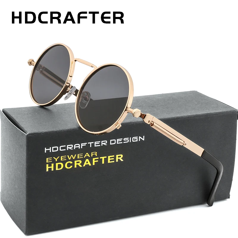HDCRAFTER Ретро стиль стимпанк солнцезащитные очки мужские Круглые Золотая оправа