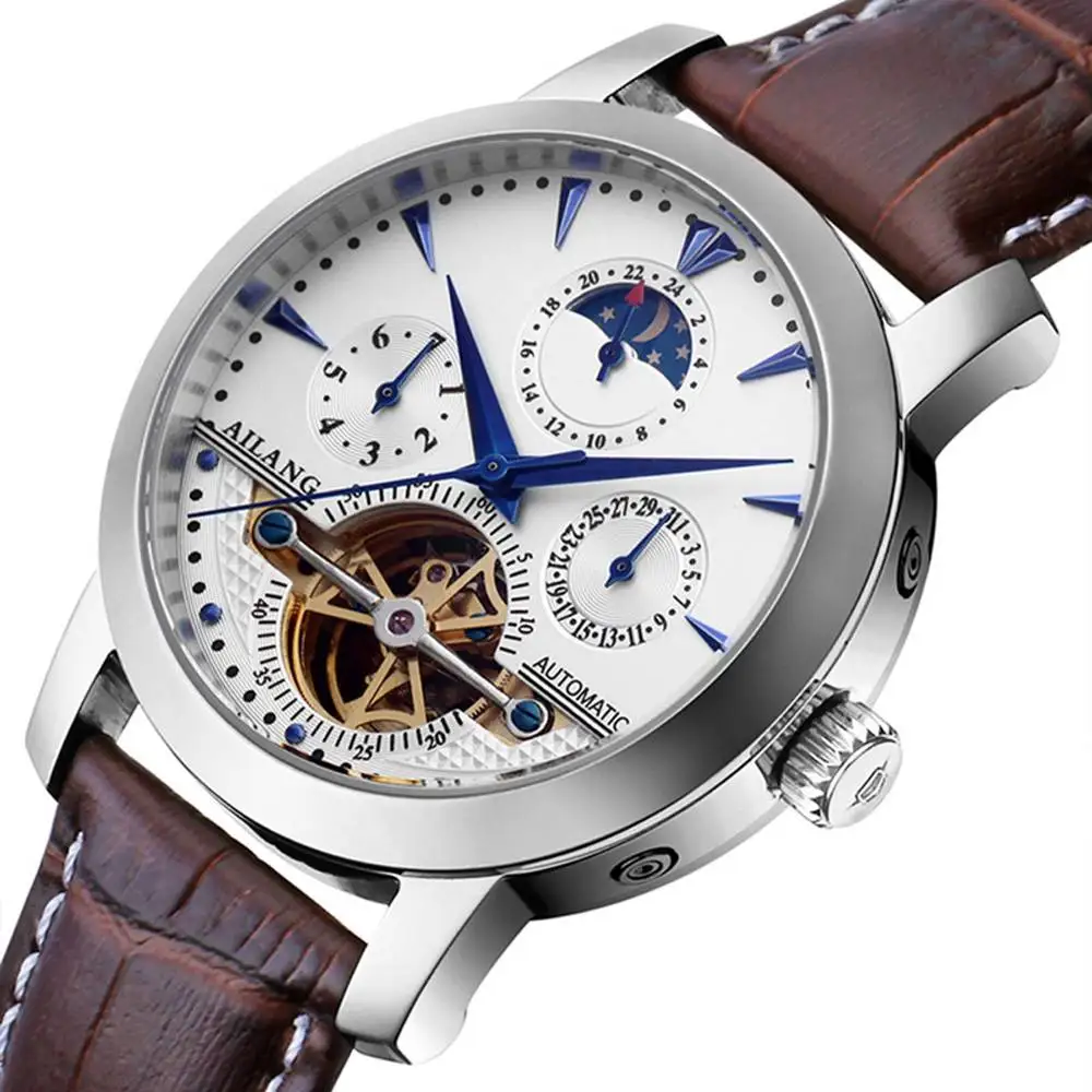 Автоматические механические водонепроницаемые часы из натуральной кожи с