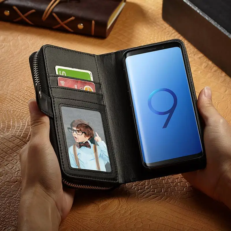 Кожаный чехол-кошелек на молнии с оплеткой для Samsung Galaxy S9 Plus, сумка с ремешком, съемный чехол-книжка для Samsung S9 S9Plus