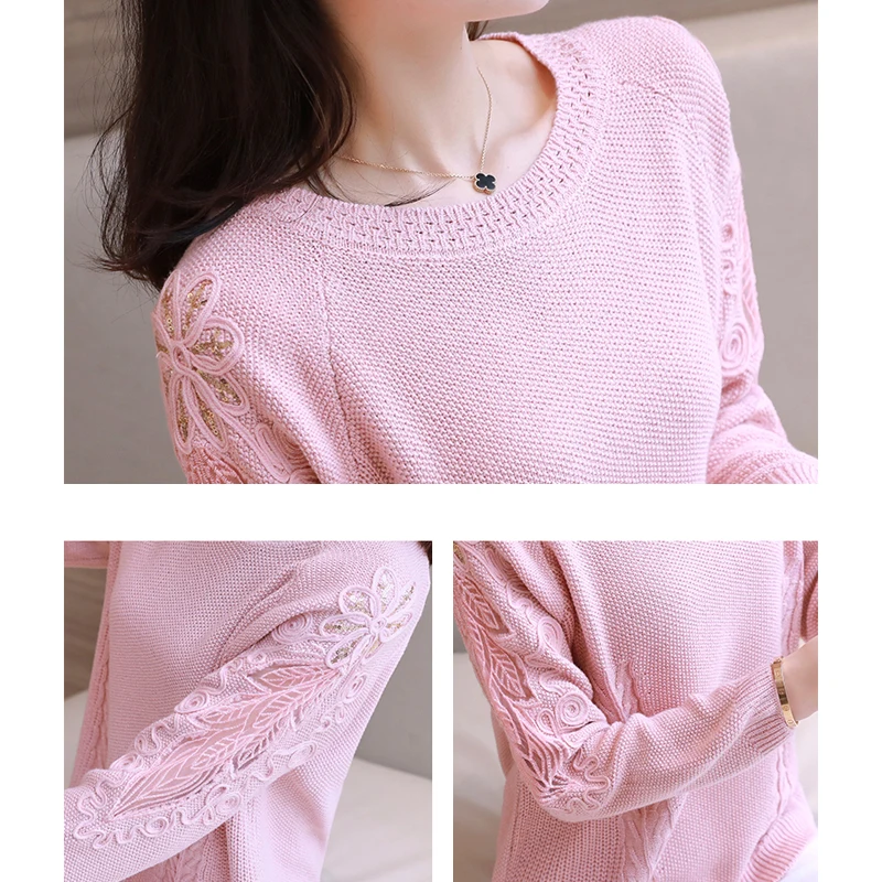 

spring new fashion Short Sweaters women Beige Loose Lace Long sleeve Knitted Pullovers women Casual O-Neck Sweaters Thin Tops