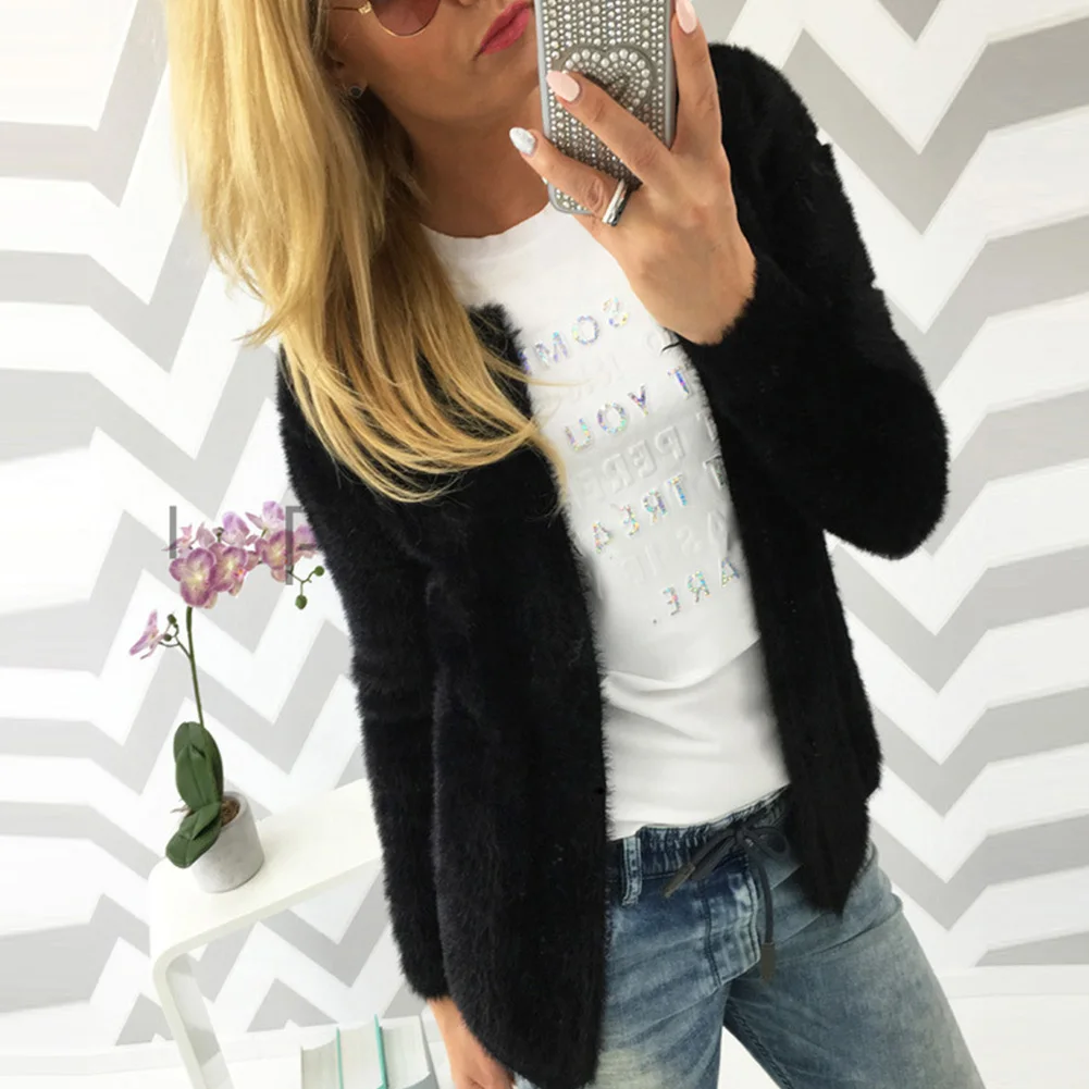 Женская зимняя теплая флисовый вязаный кардиган жакет короткая куртка свитер