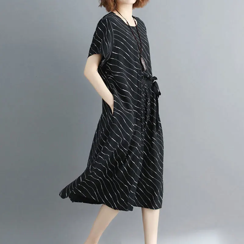 Twojstyle 2018 Summer Women Cotton Striped Dress Fashion High Waist Round Collar Short Sleeve Knee-Length Have Sashes | Женская одежда