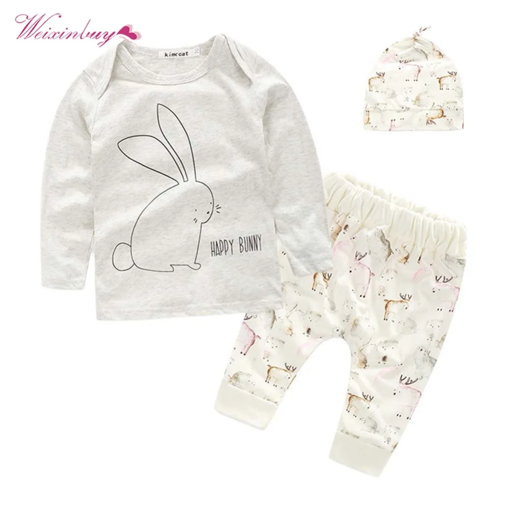WEIXINBUY 3Pcs Baby Clothes Sets Kids Cartoon Long Sleeve Set Bunny Pattern Top+Pants+Hat Outfits Casual 0-4Y |