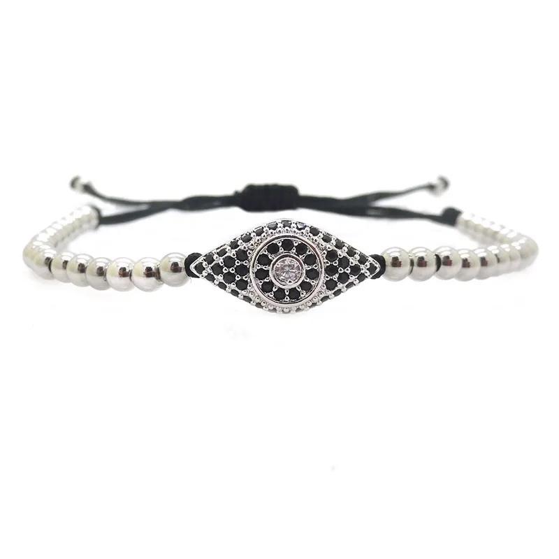 Fashion Black Gun Men Bracelet Pave Setting CZ Evil Eye Connector Beads &amp 4mm Round Bead Braided Macrame | Украшения и