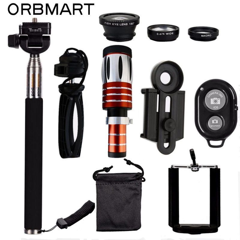 

Телескоп ORBMART 50X + объектив «рыбий глаз» 3 в 1 + Выдвижная ручная селфи-палка + комплект Bluetooth затвора объектива для смартфона