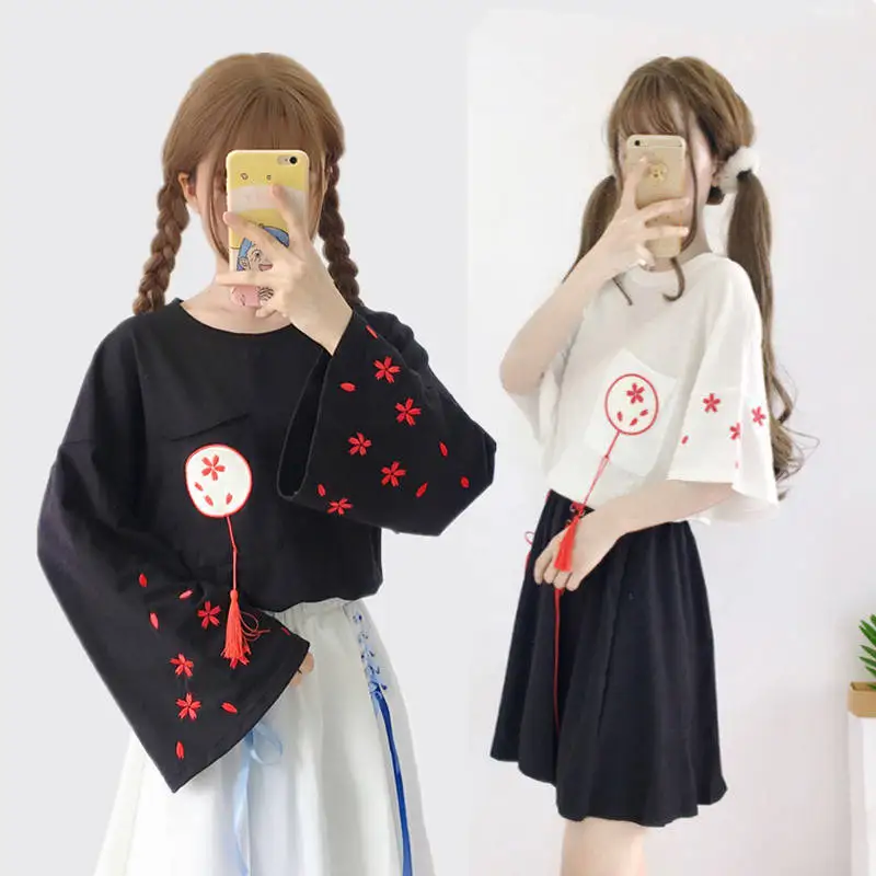 Летняя футболка с принтом Kawaii Japan, женская черная летняя футболка, топ, одежда в стиле Харадзюку, футболки для девочек, футболка, уличная одежда