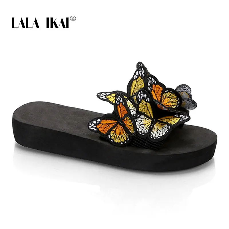 Yellow LALA IKAI/женские шлепанцы; сезон лето; шлепанцы с объемной вышивкой бабочки; пляжные шлепанцы; повседневная женская обувь на плоской подошве; 014A3757-4 - Цвет: Yellow