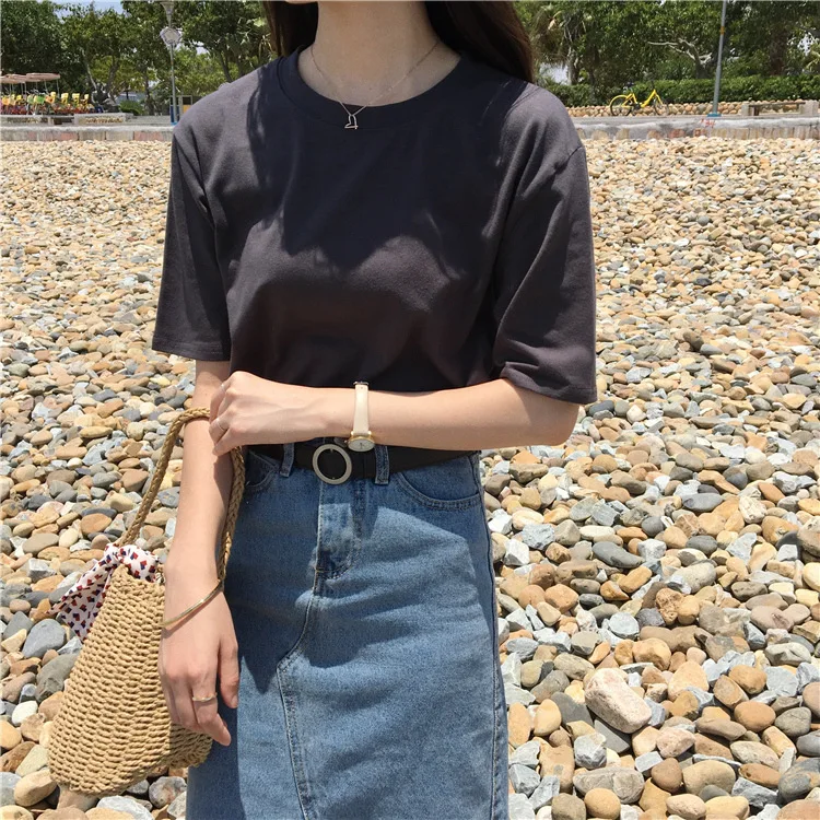 Tee Shirt 15 Solid Color Basic T-shirt Women Casual O-neck Harajuku Summer Top Korean Hipster White T S-XL Dropship | Женская одежда