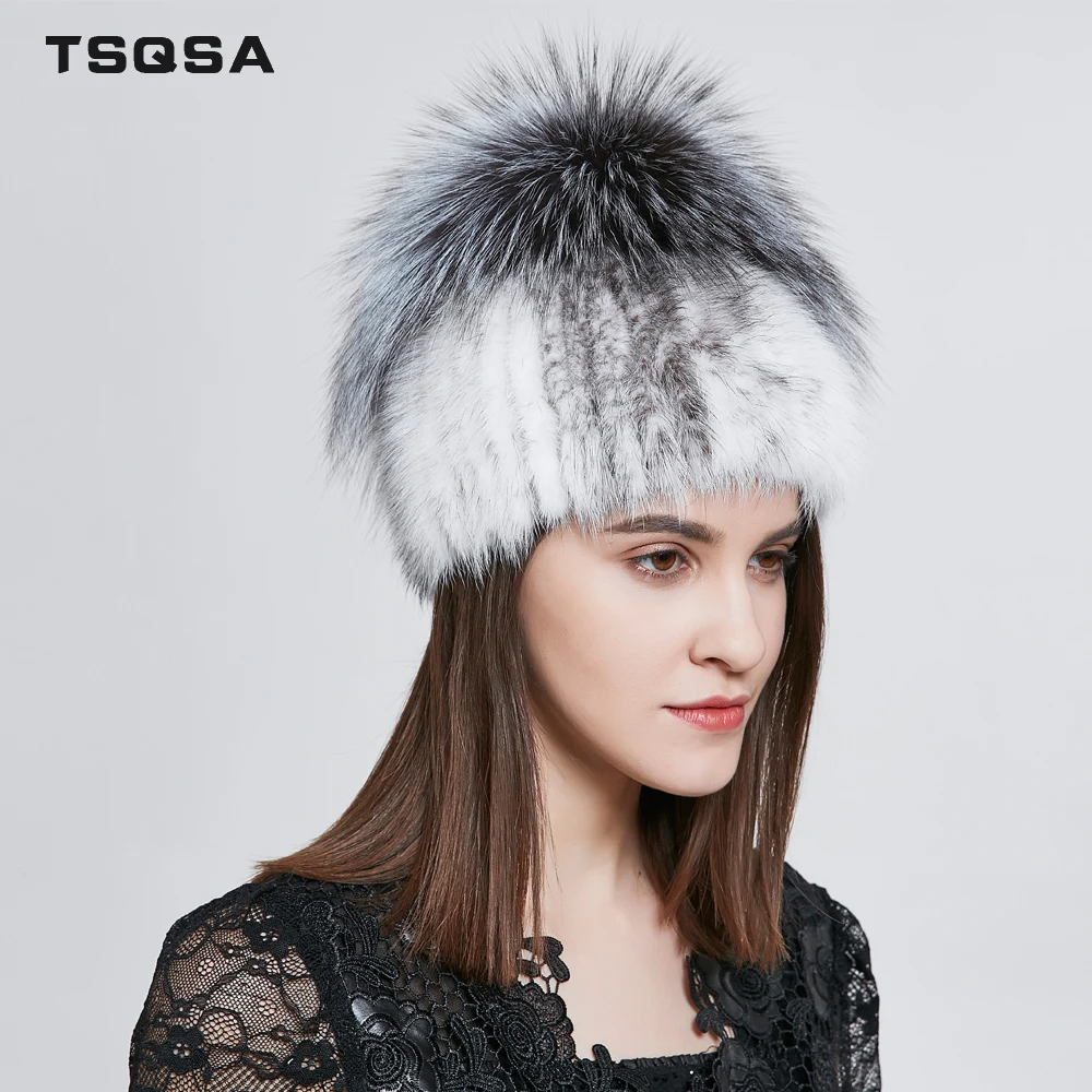 TSQSA Натуральный Мех Норки Cap Зимние Теплые Шапки Женские Шерсть Лисы Real Fox Леди