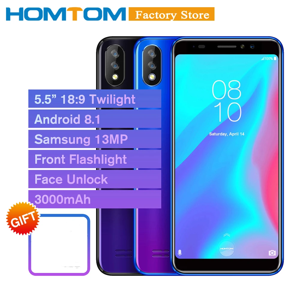 HOMTOM C8 мобильный телефон 5,5'' 18:9 градиент Android 8,1 2GB 16GB 13MP камера 4 ядра 3000 mAh лицо разблокирован смартфон с поддержкой сетей 4G LTE