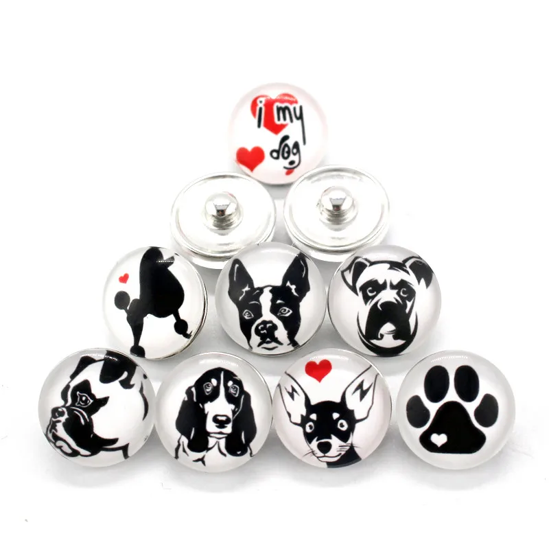 2017 New 12pcs Fixed Mixed Printing Fascinating dog 18mm Glass Snap Buttons Substitutable Findings For Bracelet DIY Jewelry | Украшения и