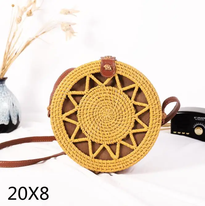 yellwujiaoxing20x8cm Новые черные круглые сумки из ротанга для женщин, богемная пляжная сумка-Кроссбоди, соломенная ручная работа, тканая круглая сумка на плечо, женские сумки - Цвет: yellwujiaoxing20x8cm