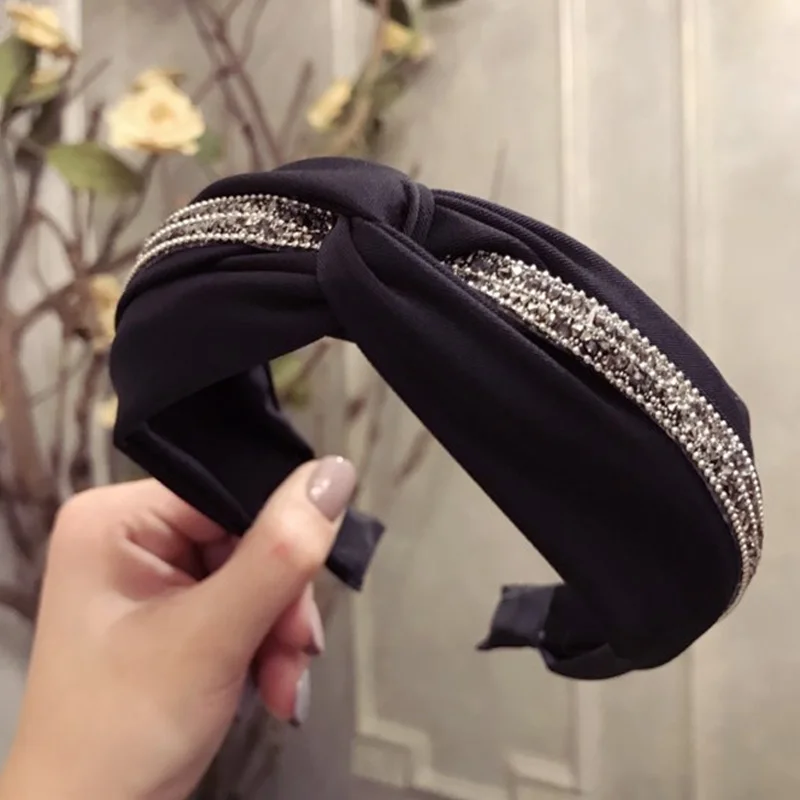 

Fashion Korean simple Knotted headband solid color fabric cross Crystal Women Hairbands Cotton Headwear Vintage