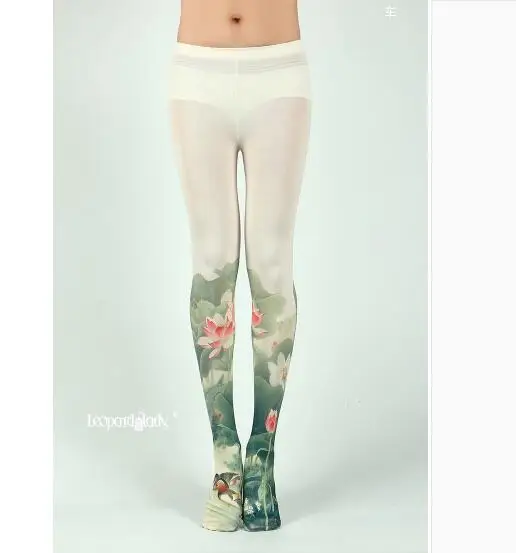 Autumn and Winter Chinese Style Vintage Lotus Printed Pantyhose