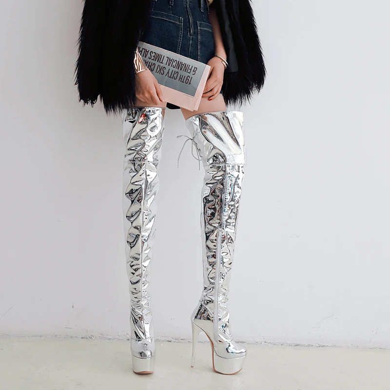 

Plus size 48 Over Knee Boots Sexy Fetish Dance Nightclub Party Shoes High Heel Platform Women Silver Thigh High Boots Mujer