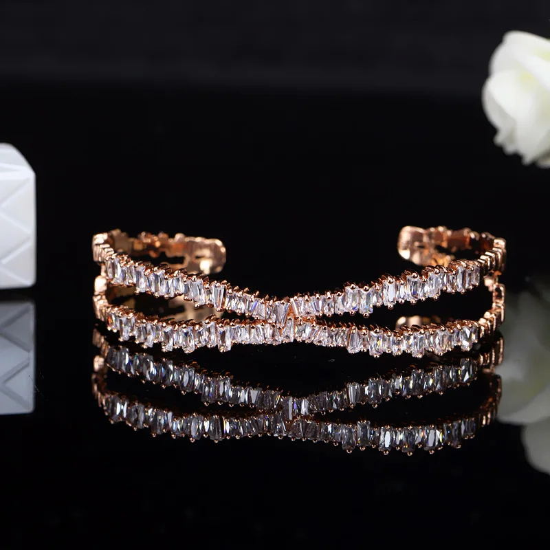 Rose Gold Color CWWZircons брендовые дизайнерские женские ювелирные изделия потрясающие х формы большой розовое золото цвет манжета с кубическим цирконием камни BG003 - Окраска металла: Rose Gold Color