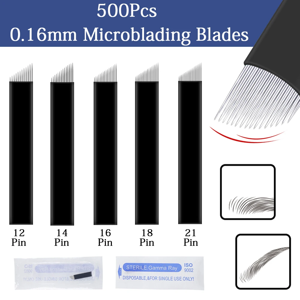 500 шт. 0,16 мм Nano LAMINA иглы татуировки 12 14 16 18 21 Flex Microblading Лезвия Перманентный Макияж для бровей ручная вышивка