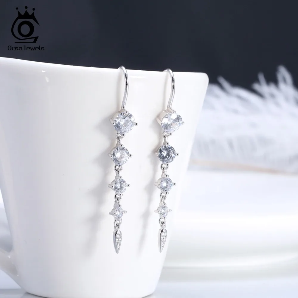 ORSA JEWELS Настоящее серебро 925 проба женские серьги с Круглый ААА циркон длинные серьги-подвески серебряные ювелирные изделия вечерние OSE52