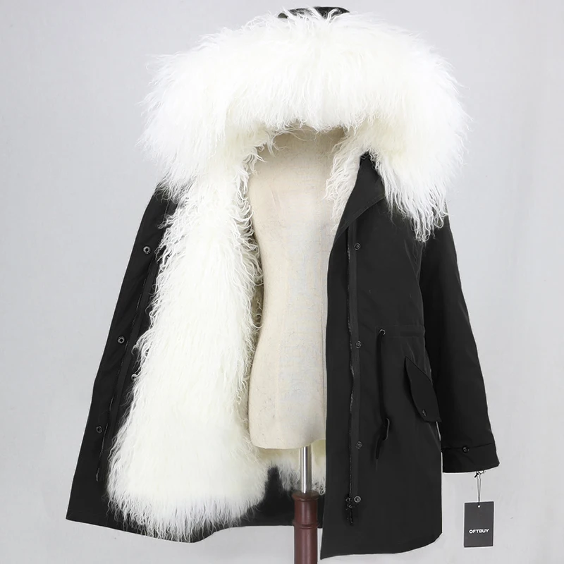 black white OFTBUY,, настоящая монгольская овечья шерсть, пальто, женская длинная парка, зимняя куртка, съемная, водонепроницаемая, верхняя одежда, роскошный бренд, уличная одежда - Цвет: black white