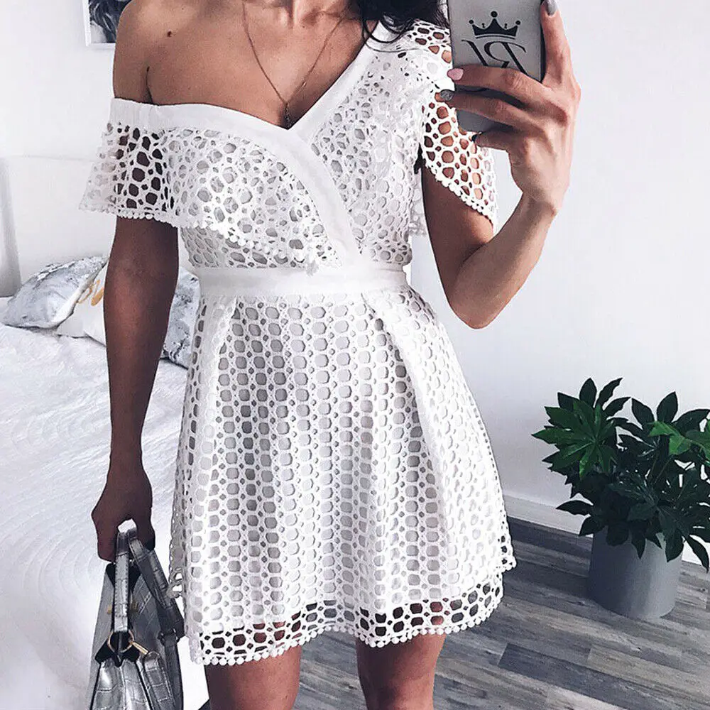 Горячие Для женщин Лето Boho кружева выдалбливают мини платье дамы сарафан с