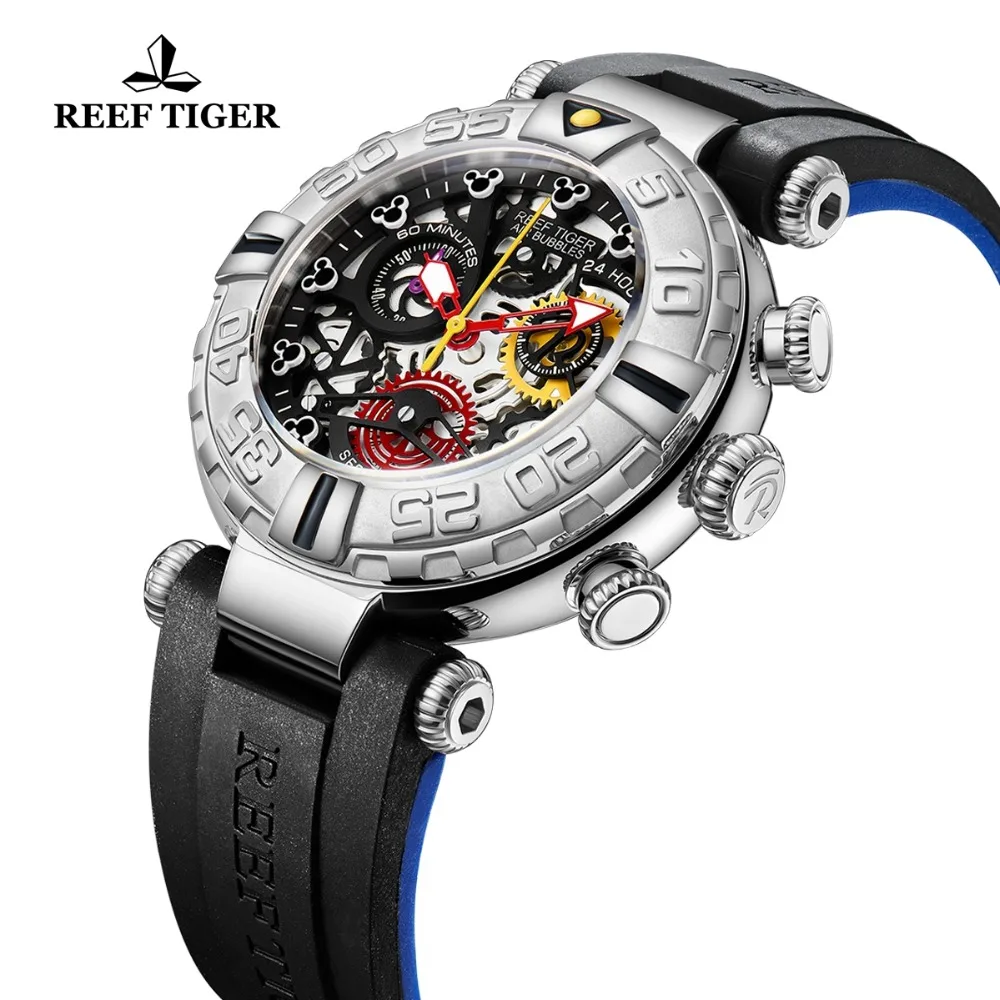 Reef Tiger/RT New Design Top Brand Men Watches Rubber Strap Steel Skeleton Sport Quartz Waterproof Watch Montre Homme RGA3059-S | Наручные