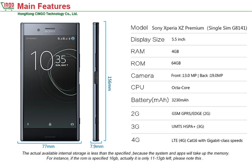 Мобильный телефон sony Xperia XZ Premium G8141, 4G LTE, 4 Гб ОЗУ, 64 Гб ПЗУ, одна Sim карта 19 МП, четыре ядра, NFC, 3230 мАч, Android, быстрая зарядка 3,0