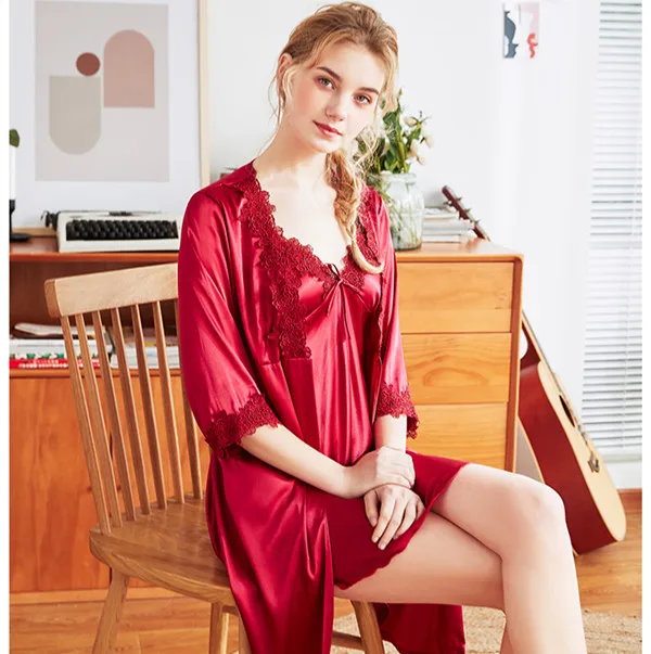 Сексуальное ночное белье ночной халат 2 предмета розовая кружевная ночная