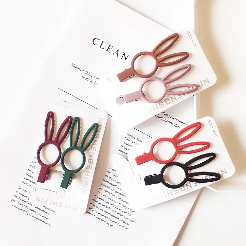 1sat=2pcs Candy colors cute fashion wild metal duckbill clip fresh cartoon long ears rabbit hairpin headdress Headwear |