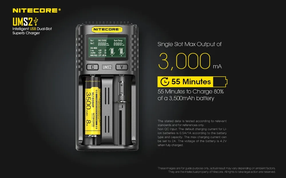 NITECORE UMS2 интеллигентая(ый) 2-образными пазами КК Быстрая зарядка зарядный ток никель-металл-совместим со многими устройствами USB Зарядное устройство