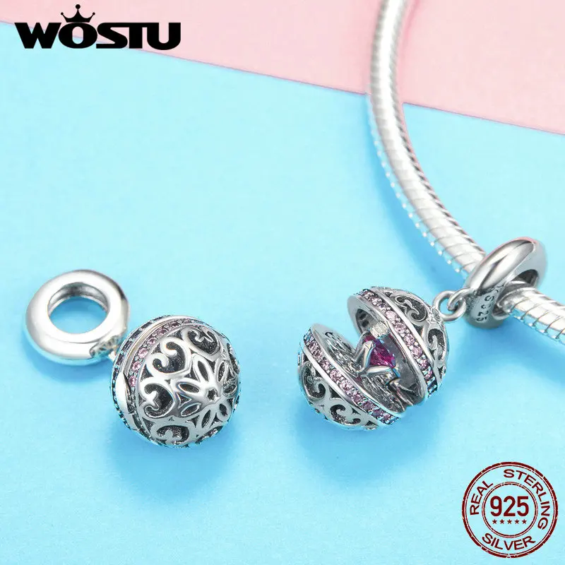 WOSTU, новая коллекция, 925 пробы, серебро, коробка желаний, сердце, CZ, болтаются, талисманы, подходят для браслета и ожерелья, подвеска, ювелирные изделия CQC990