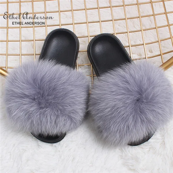 Light Grey Fox Fur Новинка года; шлепанцы с натуральным лисьим мехом; шлепанцы для дома и улицы; женские меховые сандалии; обувь на плоской подошве; - Цвет: Light Grey Fox Fur