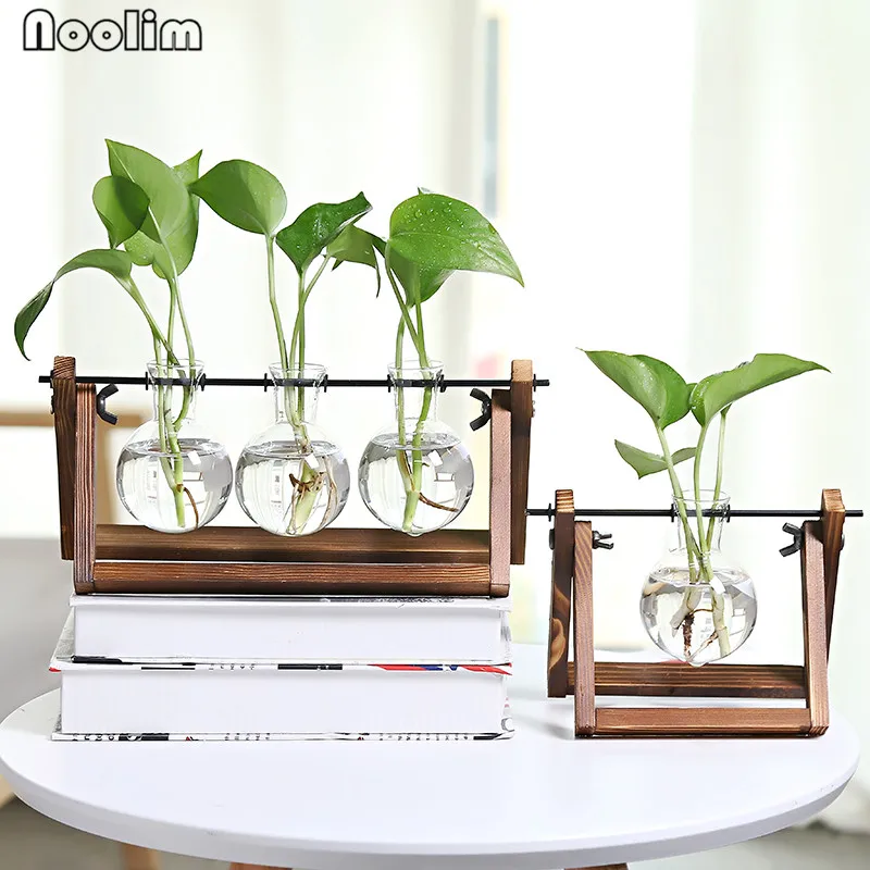 Креативная стеклянная Настольная Ваза с деревянной основой гидропоника
