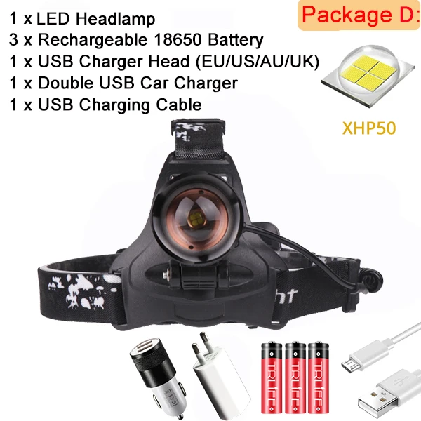 Package D 3000лм Ультра мощный XHP50 светодиодный налобный фонарь V6 налобный фонарь XHP70.2 18650 usb зарядка для кемпинга рыбалки фонарик - Испускаемый цвет: Package D